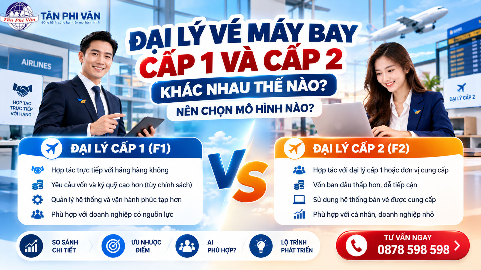 So sánh đại lý vé máy bay cấp 1 và cấp 2 về vốn và mô hình kinh doanh