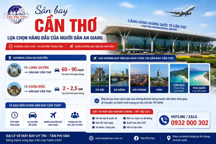 Đại lý vé máy bay tại An Giang uy tín, giá tốt, hỗ trợ 24/7 4 sân bay quốc tế cần thơ