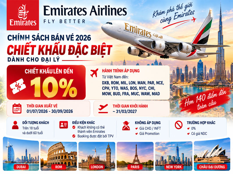Chiết khấu Emirates Airlines lên đến 10% cho đại lý 2026